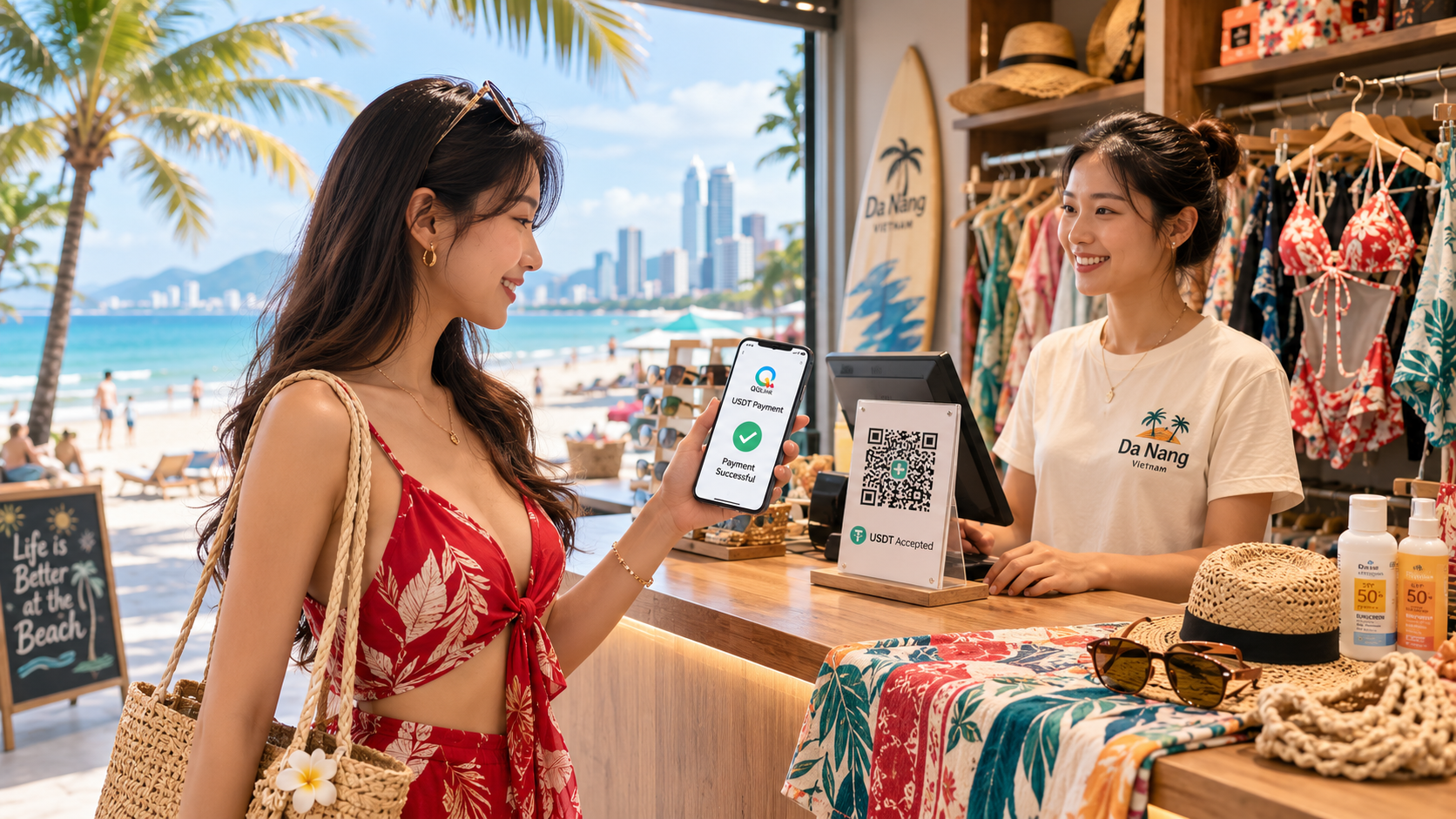 越南岘港實測！QQLink用USDT掃碼支付買沙灘用品超方便