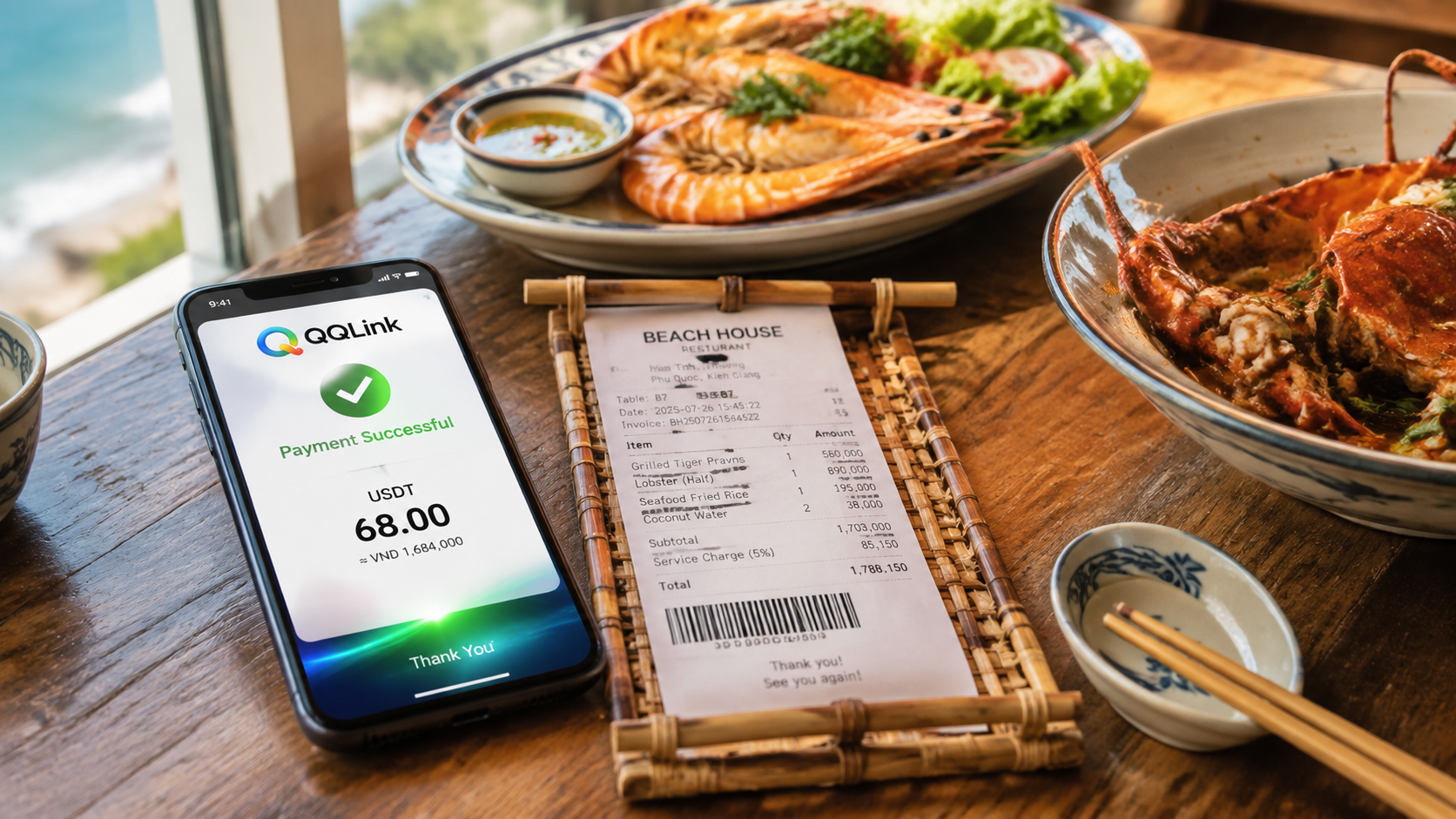 QQLink让USDT扫码支付走进芽庄海鲜排档